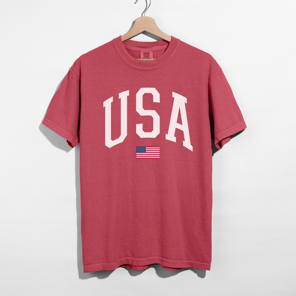 USA Varsity Graphic Tee – White Letter Patriotic Shirt
