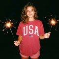 USA Varsity Graphic Tee – White Letter Patriotic Shirt