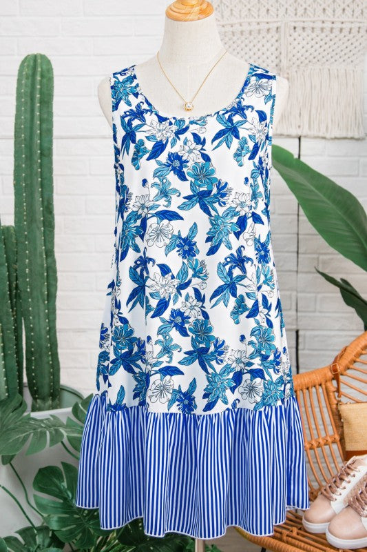 Floral Scoop-Neck Stripe Ruffle-Hem Dress