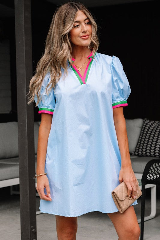 Colorblock Contrast Stripe V-Neck Puff Sleeve Mini