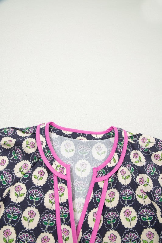 Floral Stripe Trim Short Sleeve Shift Dress