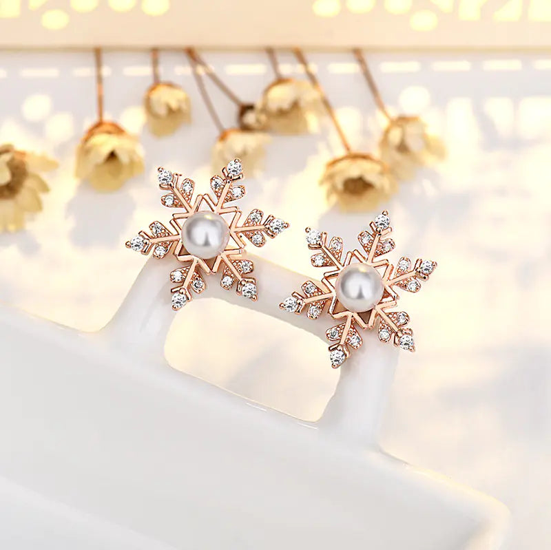 Sterling Silver Snowflake Earrings with Zircon and Pearl