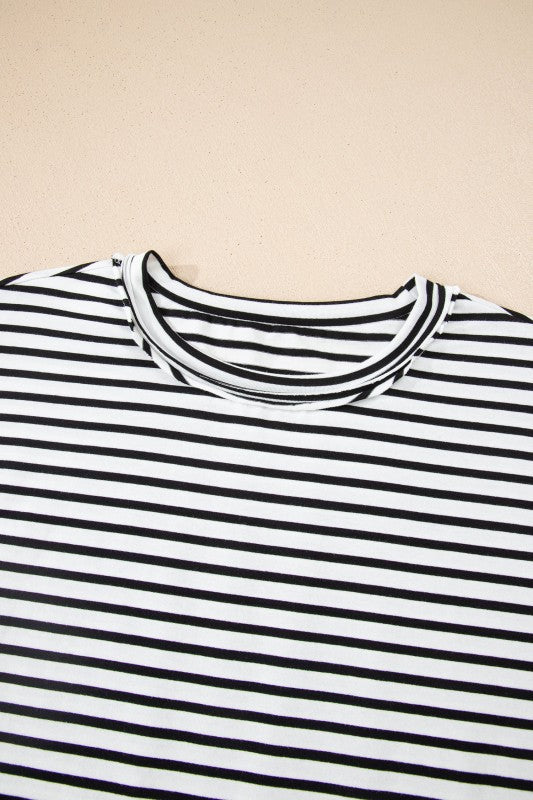 Floral Stripe Patchwork Puff Sleeve Round Neck Top