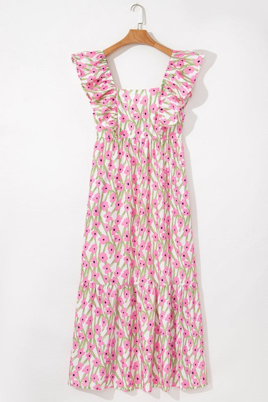 Floral Square Neck Ruffle Strap Maxi Dress
