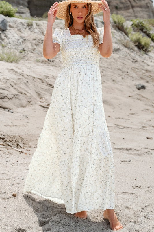 Floral Frilly Shirred Bodice Tiered Maxi Dress
