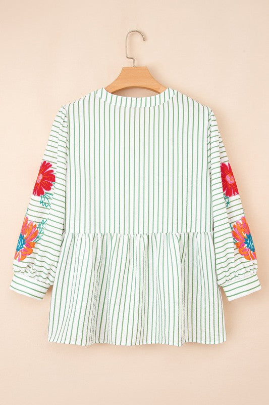 Floral Stripe Puff Sleeve Notched V-Neck Blouse