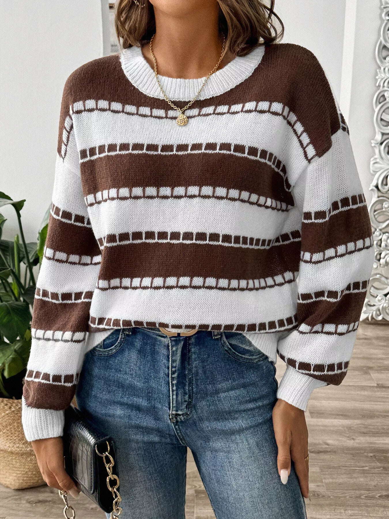 Striped Knit Dropped Shoulder Sweater