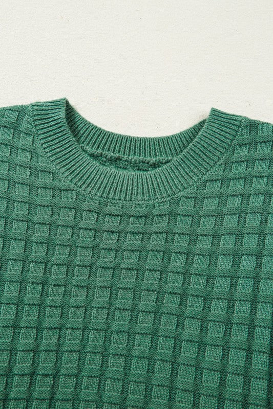Solid Textured Round Neck Short Sleeve Sweater