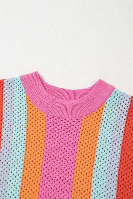 Colorblock Eyelet Short Sleeve Sweater T-Shirt