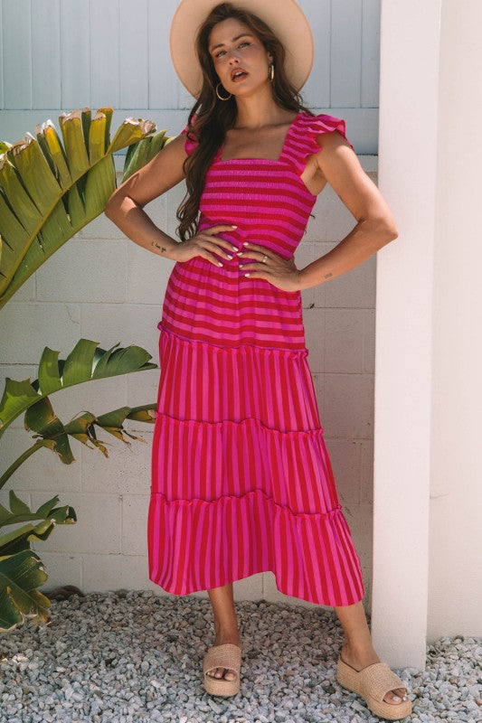 Stripe Smocked Bodice Flutter Sleeve Tiered Maxi D