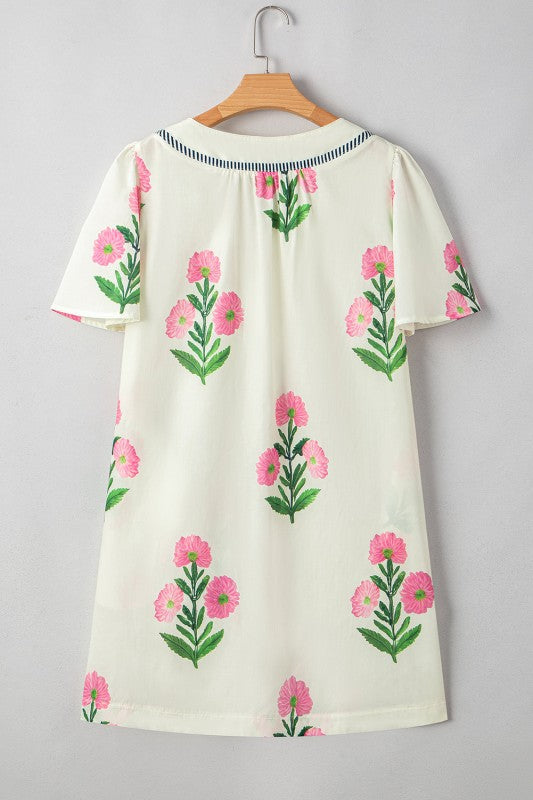Floral Short Sleeve Split Neck Mini Dress