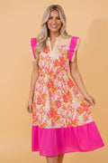 Floral Colorblock Ruffle Short Sleeve Midi Dress