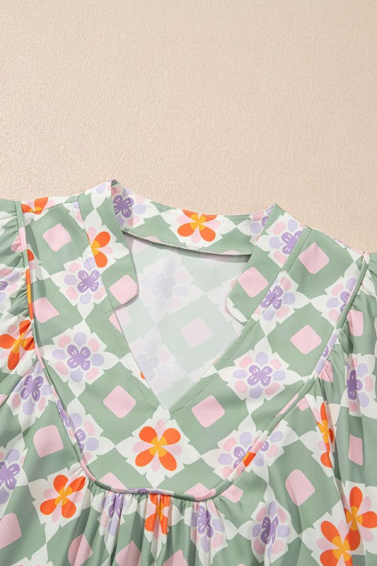 Geometric Floral 3/4 Sleeve Notched Neck Mini Dres