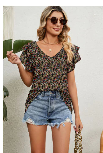 Casual Women's V Neck Ruffle Sleeve T-Shirt Blouse