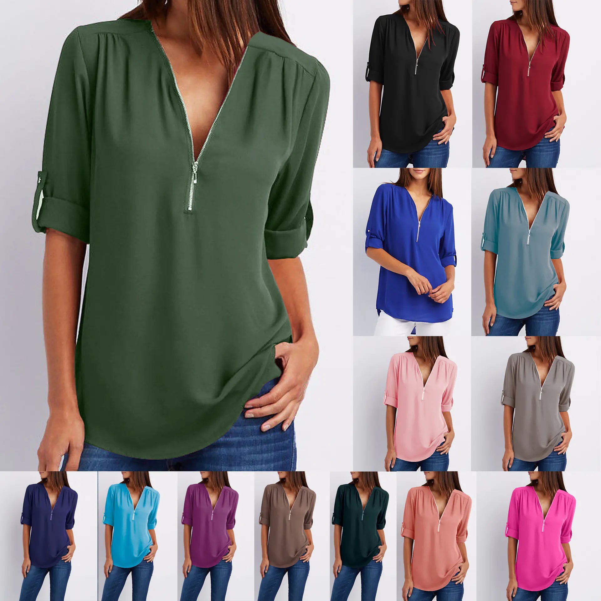 Plus Size V-Neck Long Sleeve Zip Chiffon Shirt