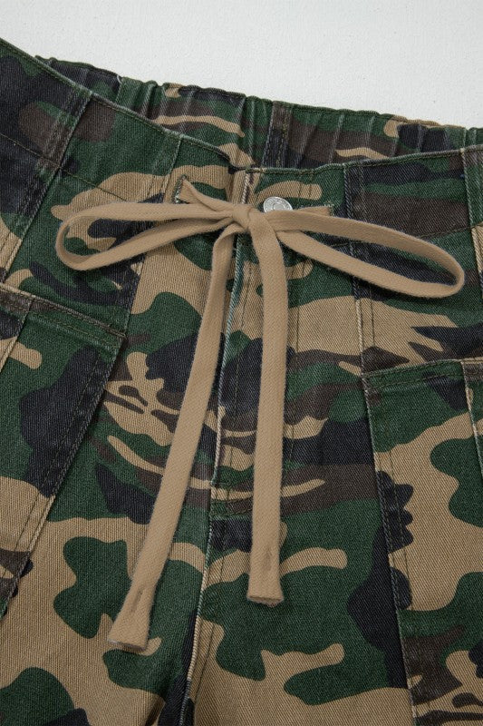 Camo Denim Patch Pocket Drawstring Barrel Jeans