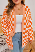 Plus Size Checker Drop Shoulder Open Front Cardiga