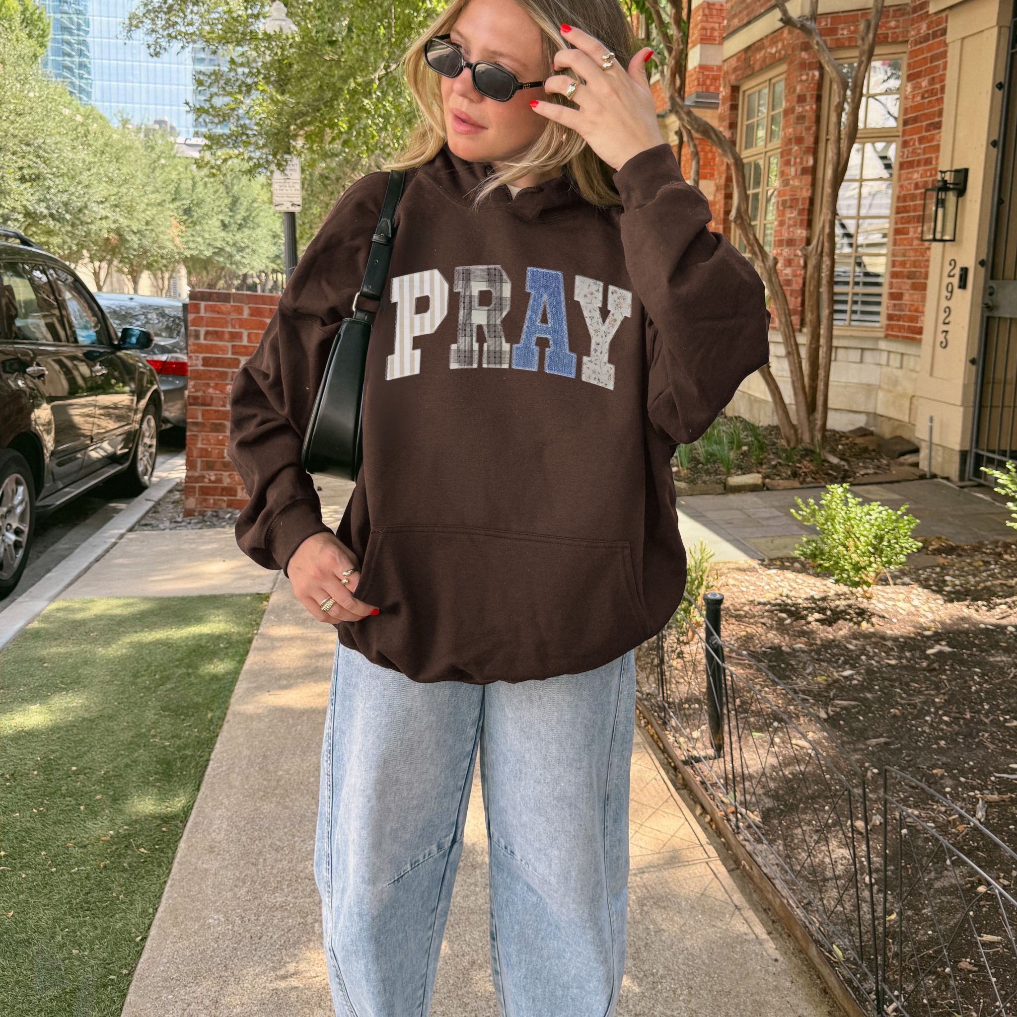 PRAY Patchwork Hoodie – Faith-Inspired Cozy Sweatshirt