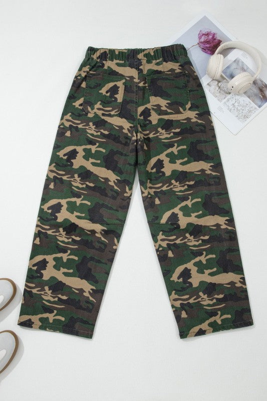 Camo Denim Patch Pocket Drawstring Barrel Jeans