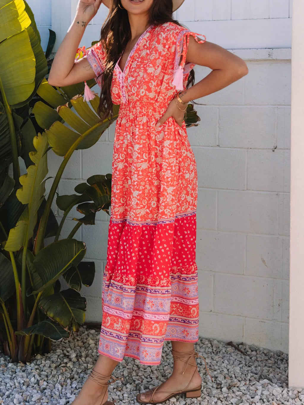 Floral Print Tasseled Tied Sleeve Empire Waist Dress