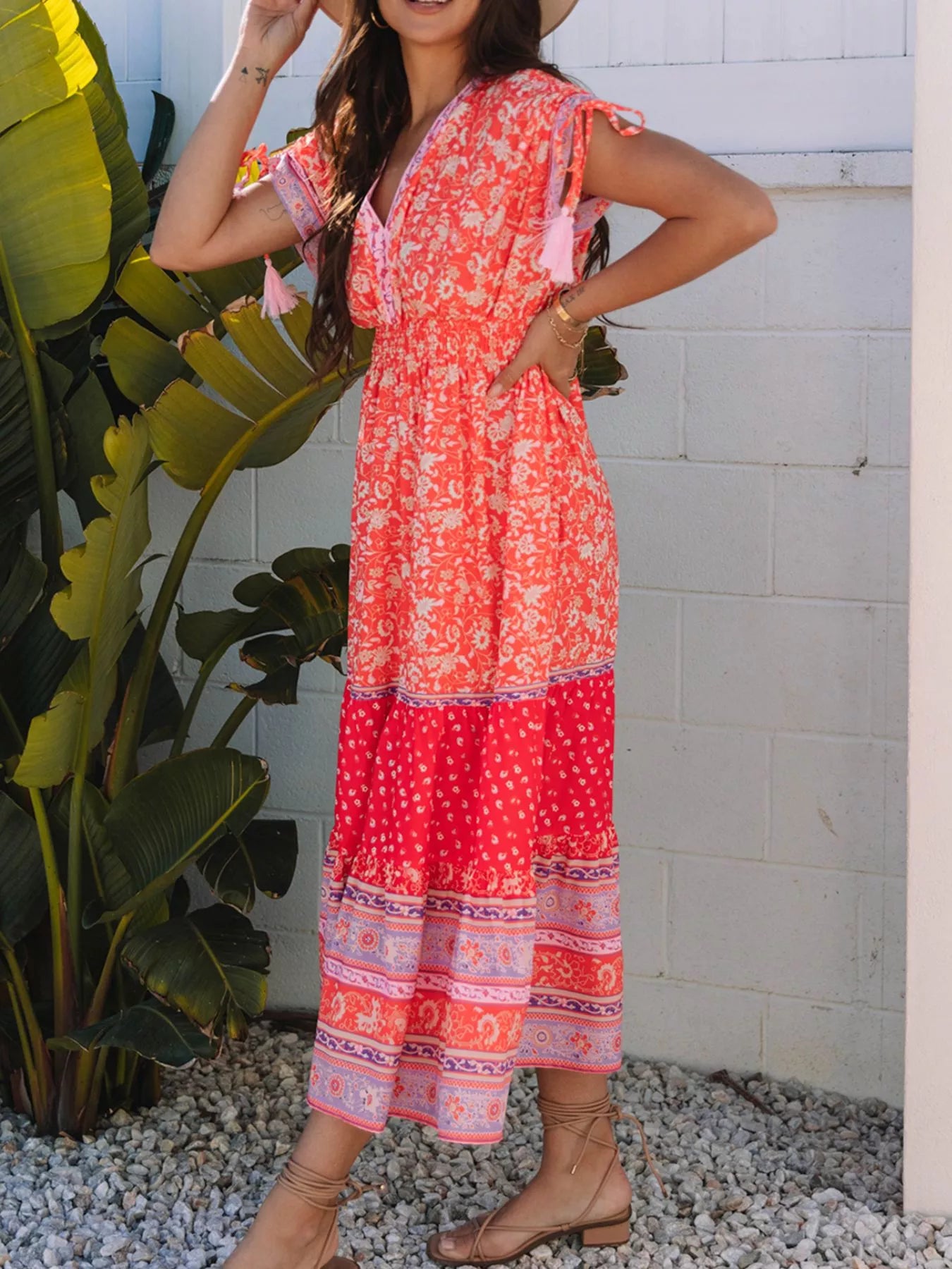 Floral Print Tasseled Tied Sleeve Empire Waist Dress