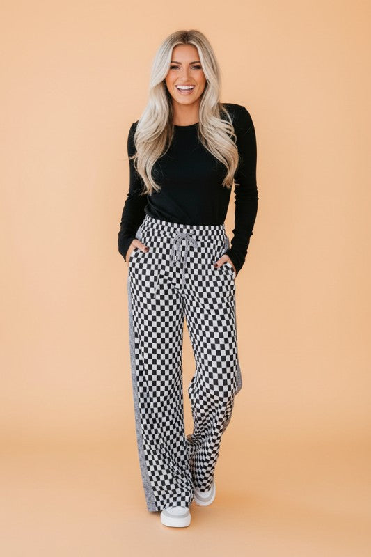 Checker Textured Patchwork Drawstring Waist Pants