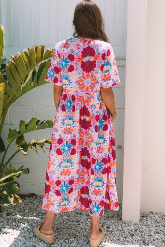 Floral Tied Front High Waist Short Sleeve Dress