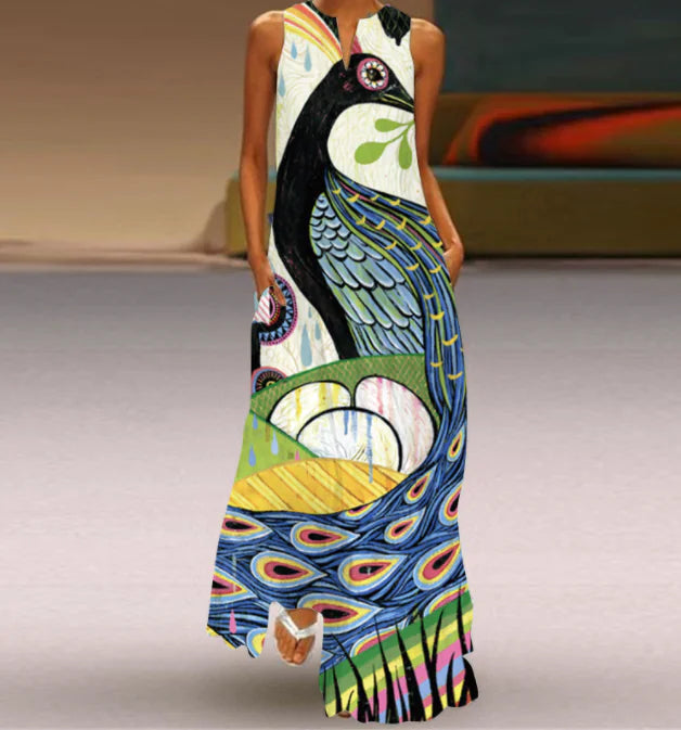 Printed V-neck Sleeveless Maxi Dress