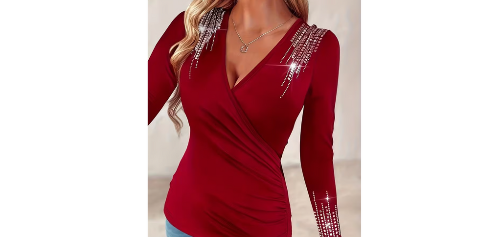 Plus Size Women's Casual Long Sleeve Top with Rhinestone Design