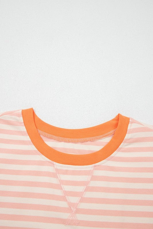 Stripe Neck Loose Tee & Drawstring Shorts Set
