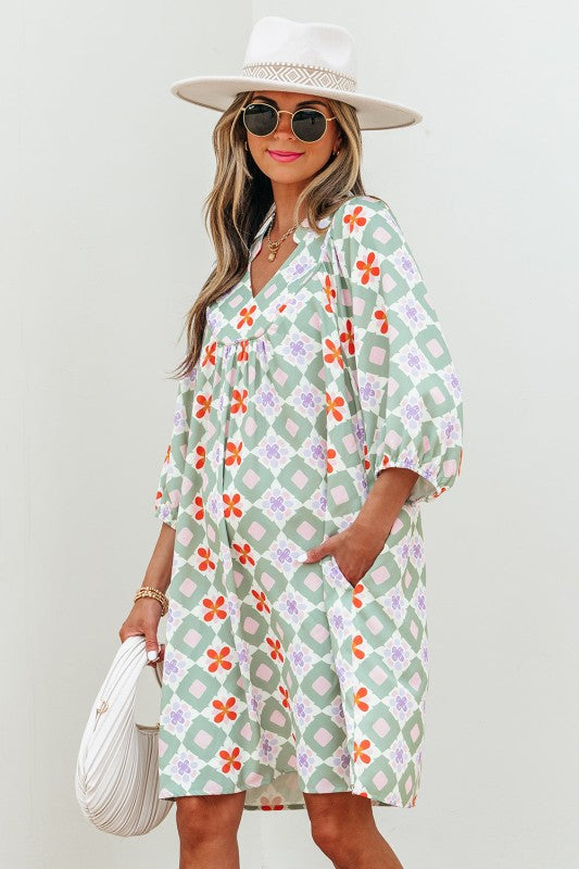 Geometric Floral 3/4 Sleeve Notched Neck Mini Dres