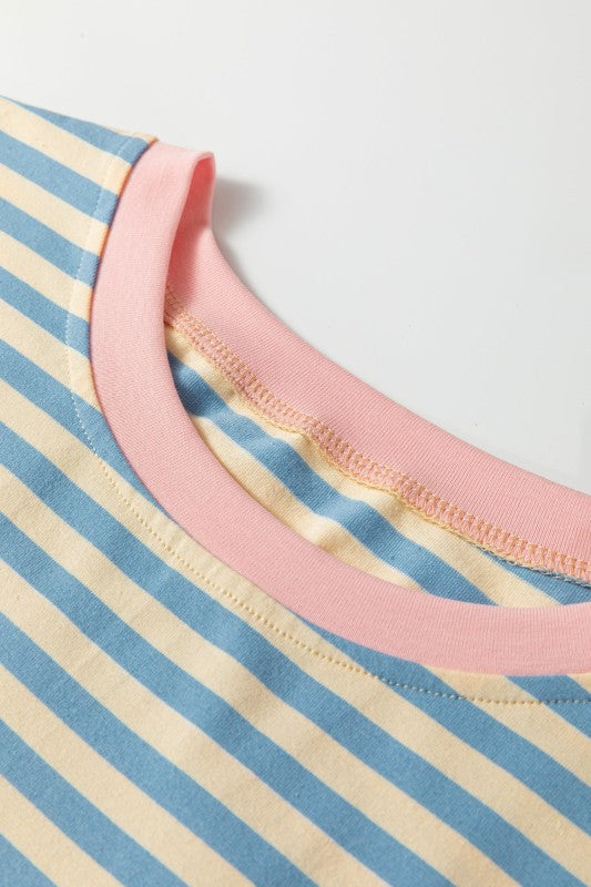 Stripe Contrast Crew Neck Drop Shoulder Tee
