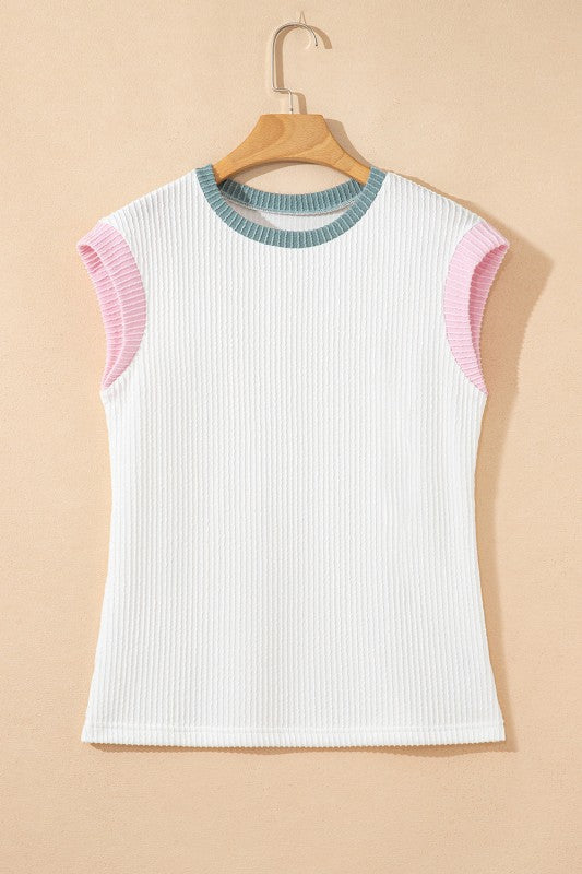 Colorblock Corded Knit Crew Neck Tee