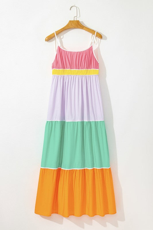 Colorblock Self-Tie Straps Pocketed Maxi Dress