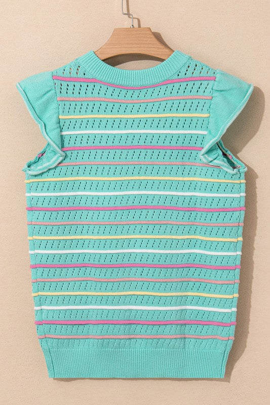 Stripe Eyelet Knit Ruffle Sleeve Sweater