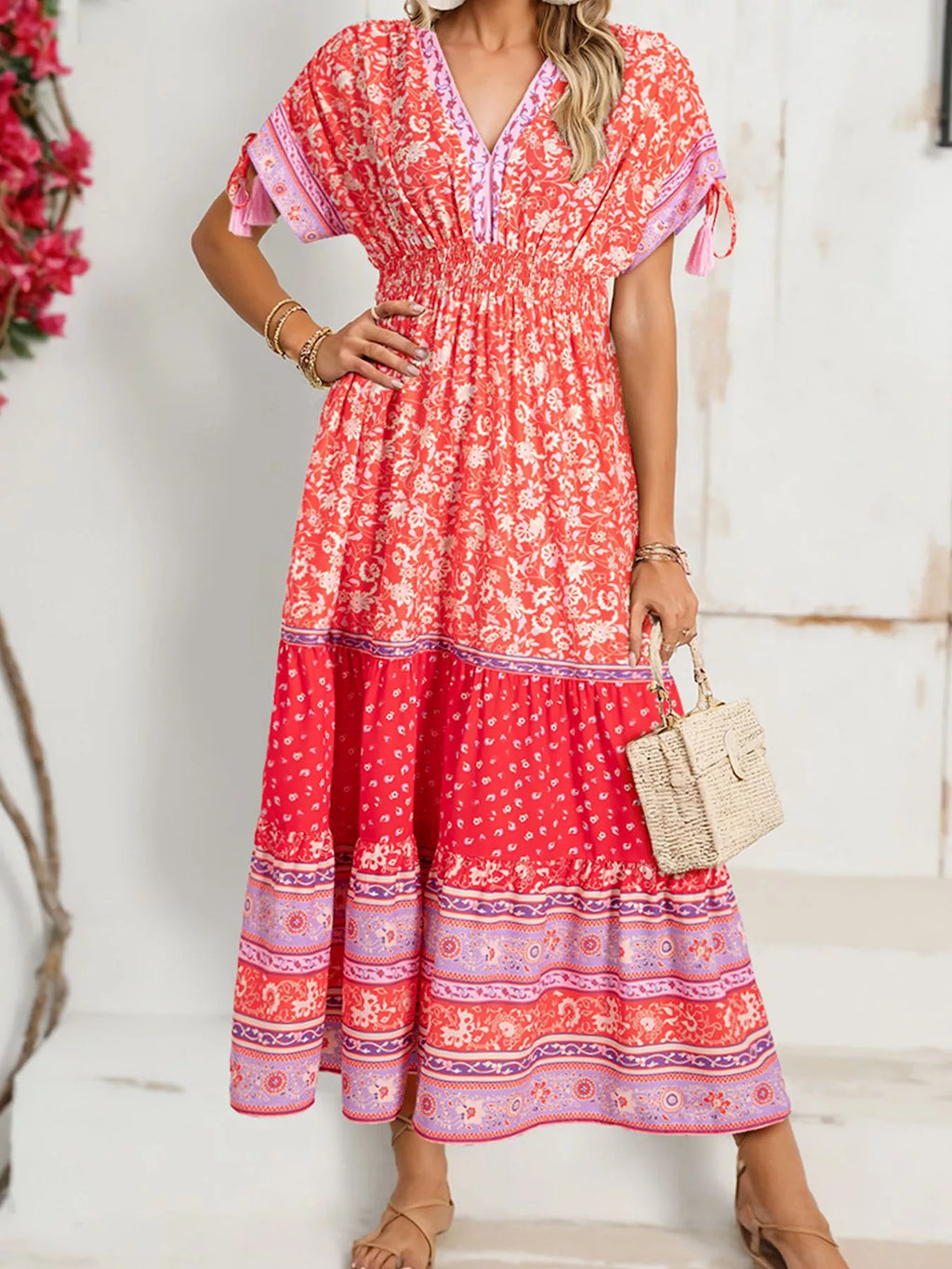 Floral Print Tasseled Tied Sleeve Empire Waist Dress