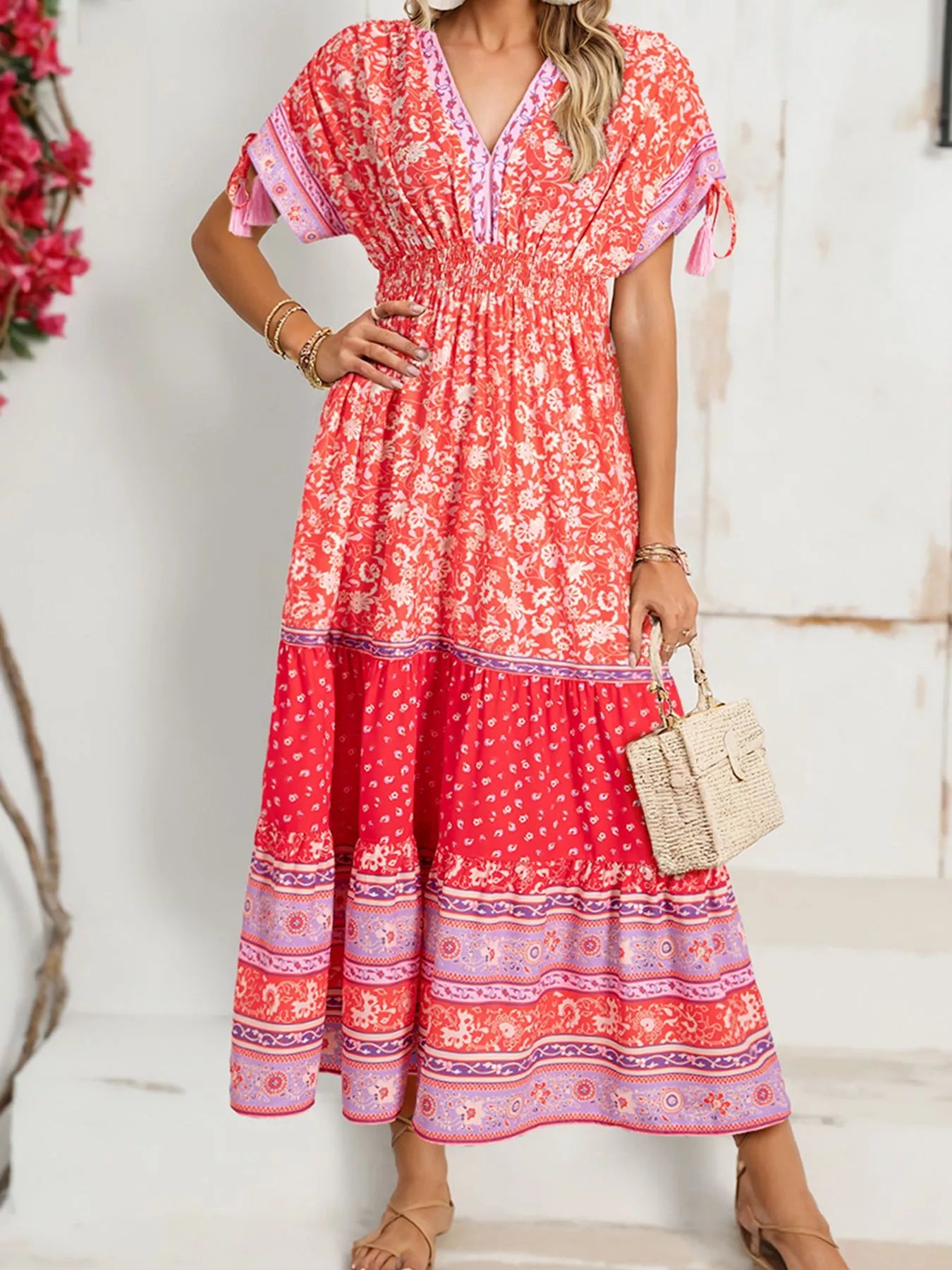Floral Print Tasseled Tied Sleeve Empire Waist Dress