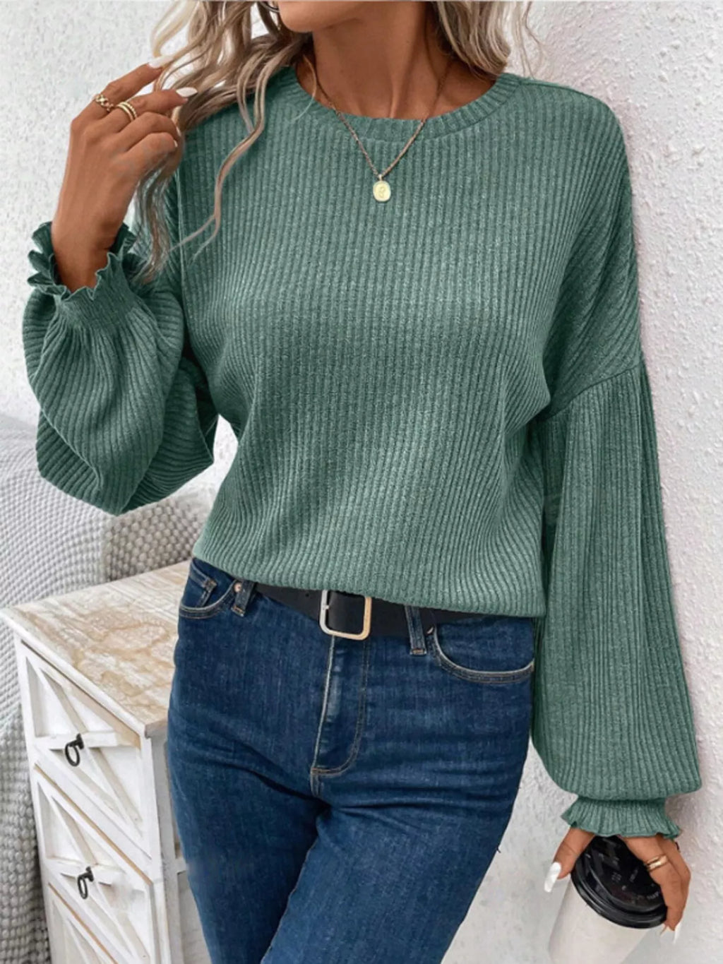 Ribbed Knit Long Sleeve T-Shirt