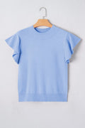 Solid Ruffle Sleeve Round Neck Ribbed Sweater