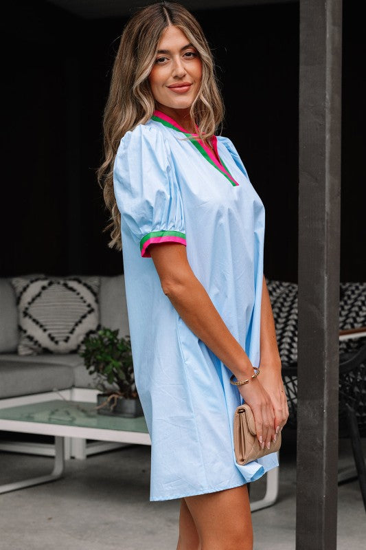 Colorblock Contrast Stripe V-Neck Puff Sleeve Mini