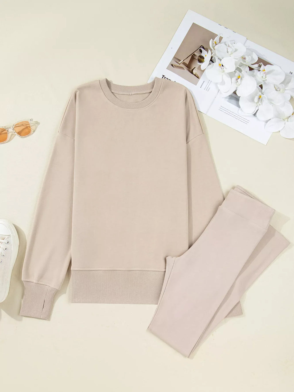 Solid Color Oversize Slit Sweatshirt and Ribbed Leggings 2pcs Set