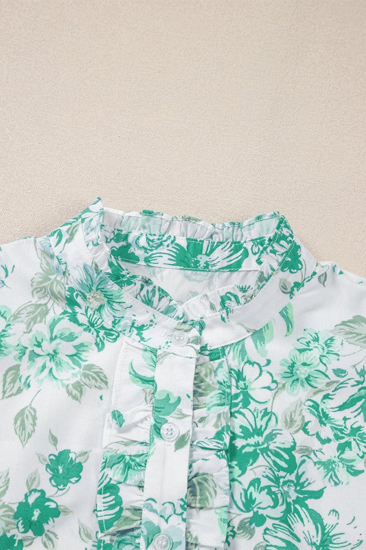Floral Ruffle Sleeve Frilled Button-Up Shirt