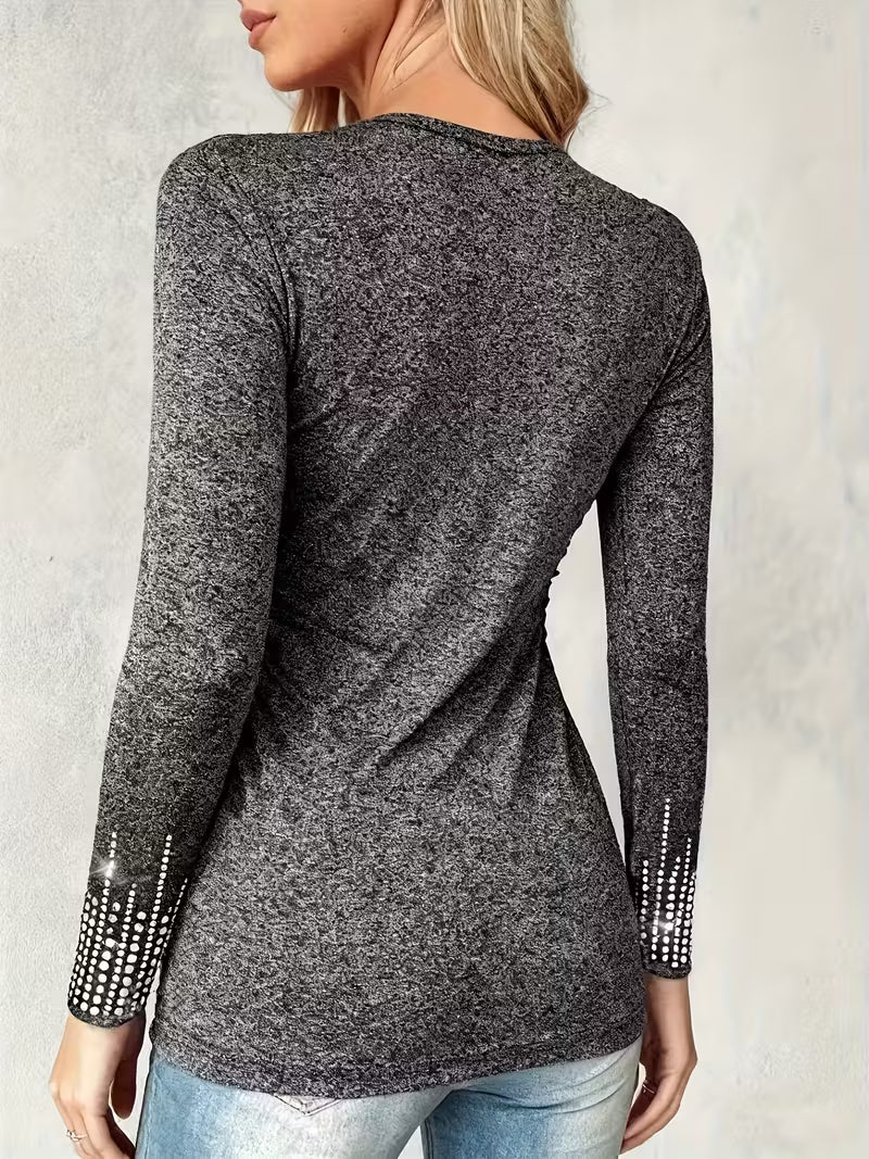 Plus Size Women's Casual Long Sleeve Top with Rhinestone Design