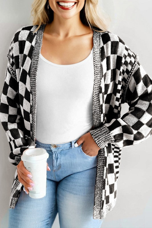Plus Size Checker Drop Shoulder Open Front Cardiga