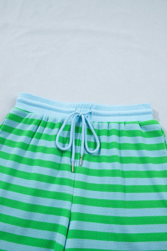 Stripe Puff Sleeve Shirt and Drawstring Shorts Set