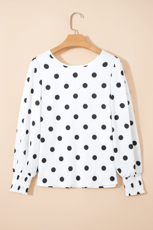 Polka Dot Frilled Long Sleeve Round Neck Blouse