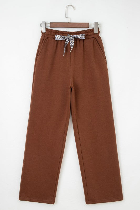 Leopard Drawstring Fleece Lined Elastic Waist Pant