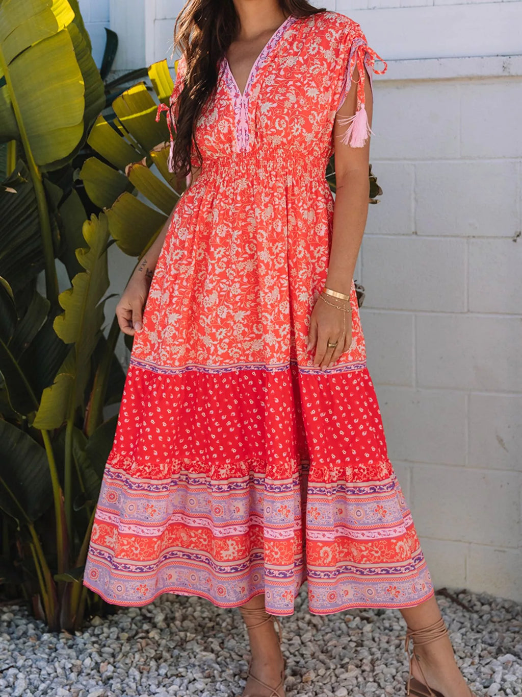 Floral Print Tasseled Tied Sleeve Empire Waist Dress