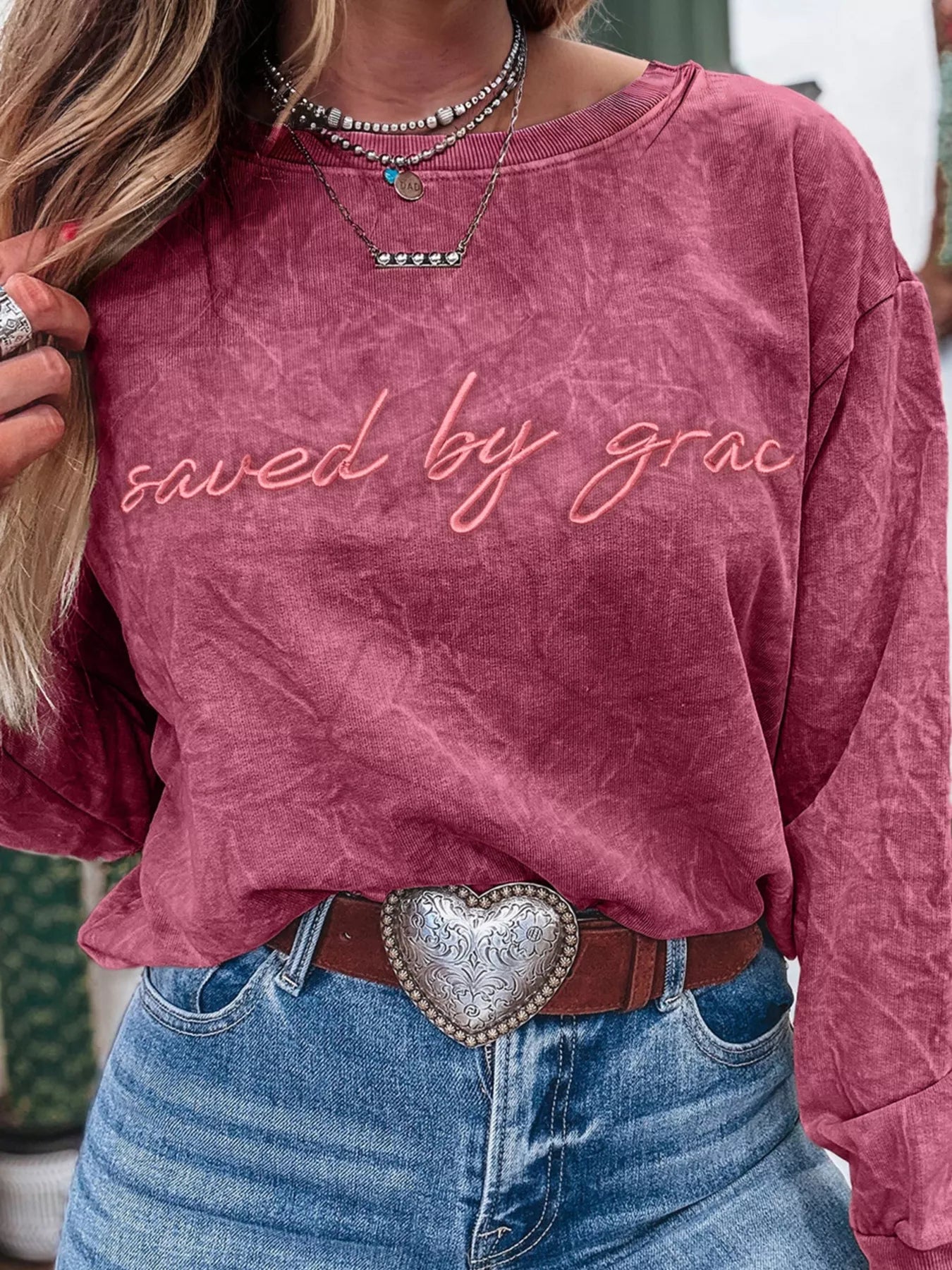 Saved By Grace Letter Embroidery Mineral Wash Loose Sweatshirt