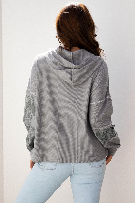 Stripe Waffle Patchwork Hooded Long Sleeve Top